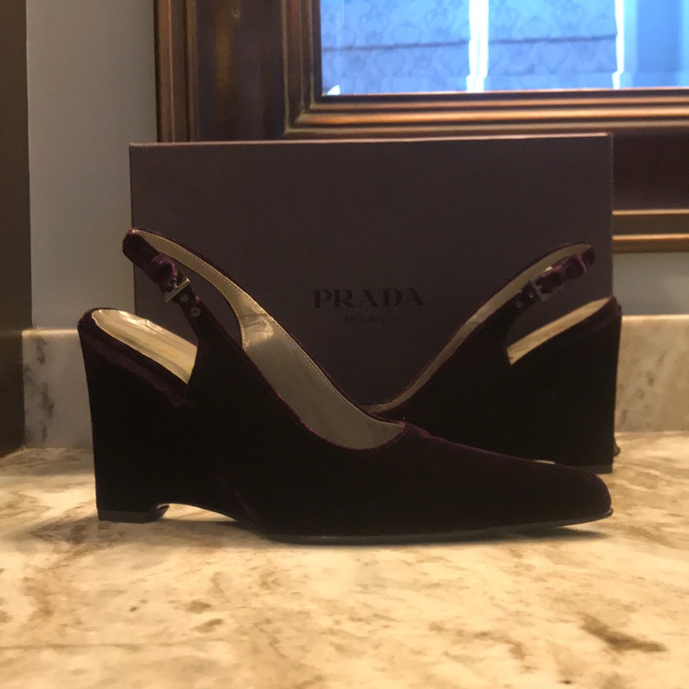 Prada Plum Velvet Slingback Wedge Heels